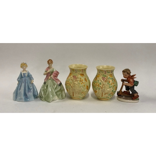 492 - Two Royal Doulton lady figurines, 'Grandmother's Dress' and 'First Dance'; together with a pair of C... 