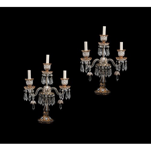 643 - A pair of Continental moulded glass candelabra, perhaps Beykoze, each with three etched glass storm ... 