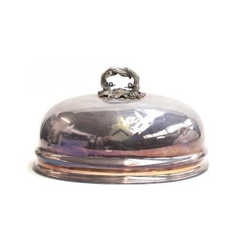 88 - A large plated meat dome or cloche, with grape and vine handle, crested, 47x35cm