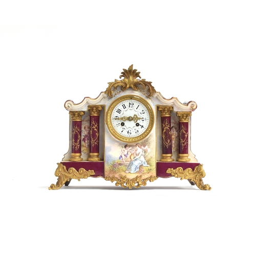 102 - A 19th century French ormolu and porcelain mantel clock, the movement by Japy Freres, striking on a ... 