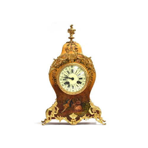 103 - A French giltwood and ormolu mantel clock, in the manner of Vernis Martin, of bombe form, the enamel... 