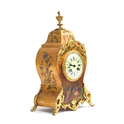 103 - A French giltwood and ormolu mantel clock, in the manner of Vernis Martin, of bombe form, the enamel... 