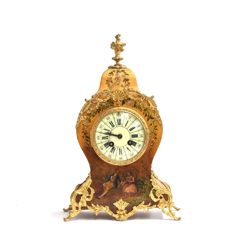 103 - A French giltwood and ormolu mantel clock, in the manner of Vernis Martin, of bombe form, the enamel... 