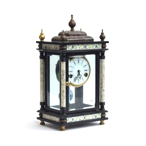 104 - A 19th century French slate and marble mantel clock, the case with four bevelled glass panels, 38cm ... 