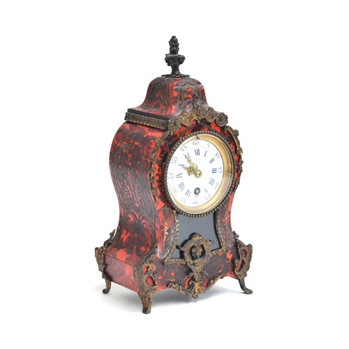 105 - A 19th century German boulle and ormolu mantel clock, of bombe form, signed enamel dial with blue Ro... 