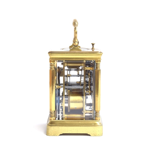 106 - A 19th century French brass repeater carriage clock, the white enamel dial with Roman numerals, 12cm... 