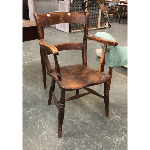 1129 - An ash and elm scroll back Oxford Windsor open armchair, on ring turned legs and H stretcher, 53cmW