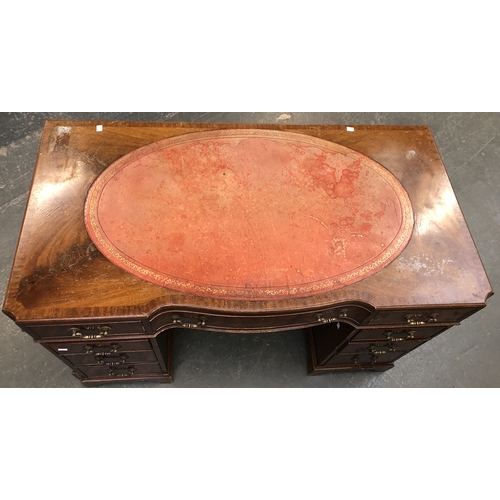 1135 - A 20th century mahogany veneer pedestal desk, in 18th century style, the kneehole with traditional a... 