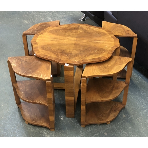 1144 - A burr walnut shaped occasional table with a nest of four tables, 72cmD 53cmH