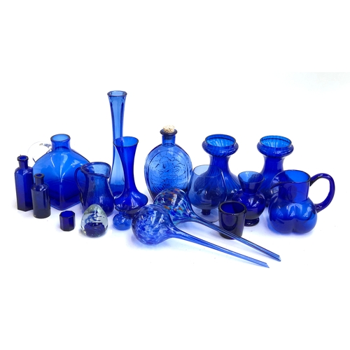 507 - A quantity of blue glass to include a pair of vases, two plant watering globes, poison bottle, etc