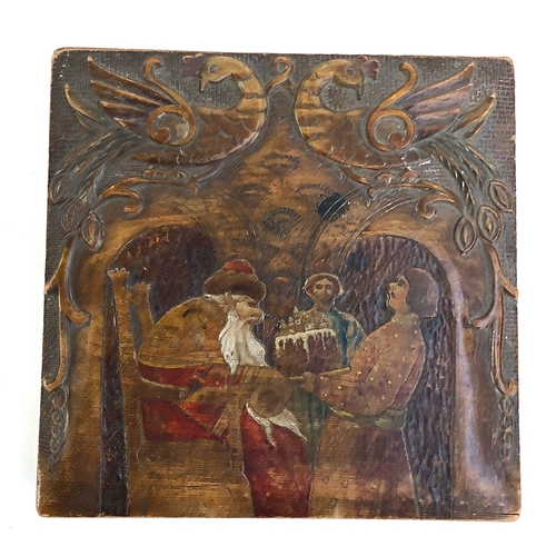 530 - Three wooden boxes, one stained pine depicting fairytale scene; together with a Reichenbach souvenir