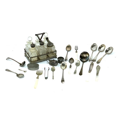 68 - A mixed lot to include silver mustard and napkin ring; silver plated cruet set; flatware etc