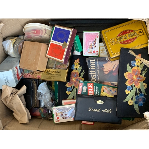 505 - A box of various vintage card games, gaming tokens, bridge scoring pads, puzzles etc