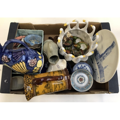 615 - VARIOUS CERAMICS: a box to include Royal Doulton cider (?) jug, glug-vase, small Wedgwood Florentine... 