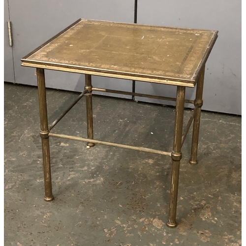 1325 - A small brass occasional table with gilt tooled leather inset top, 35x33x35cmH