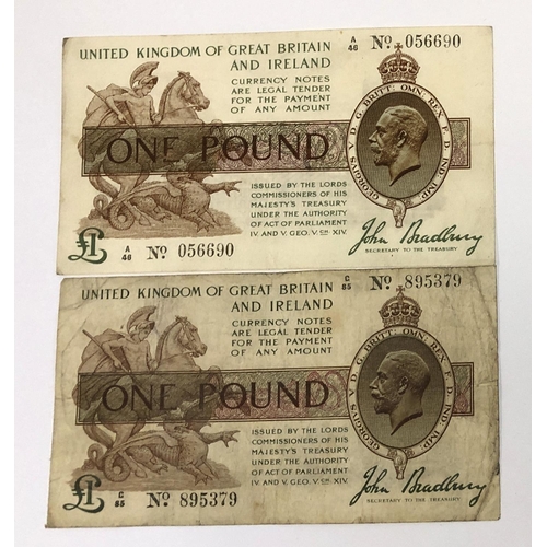 115 - Two George V one pound treasury notes, 1917, John Bradbury, A46 056690 and G85 895379