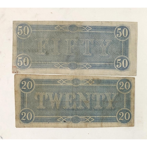 166 - Two confederate banknotes comprising twenty dollars February 17th 1864 and fifty dollars February 17... 