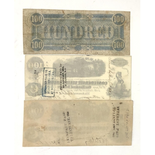 167 - Three one hundred dollar confederate notes comprising June 26th 1862, September 2nd 1862 (both with ... 