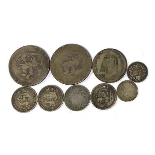 176 - A small quantity of silver coins to include George II crown (2), George IV 1 shilling 1826 (2), Will... 