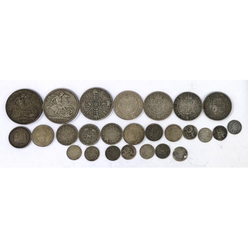 177 - A quantity of Victorian silver coins to include 1889 crown (2), 2 florins 1889, half crown 1887, 189... 