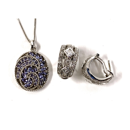 53 - A silver and iolite openwork pendant, 2.7cmL, on silver chain; together with a pair of silver and pa... 