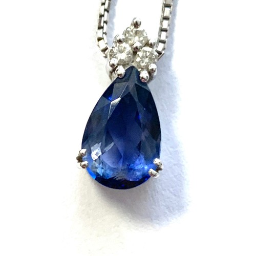 44 - An 18ct white gold mounted sapphire and diamond pendant, the pear shaped sapphire measuring approx. ... 