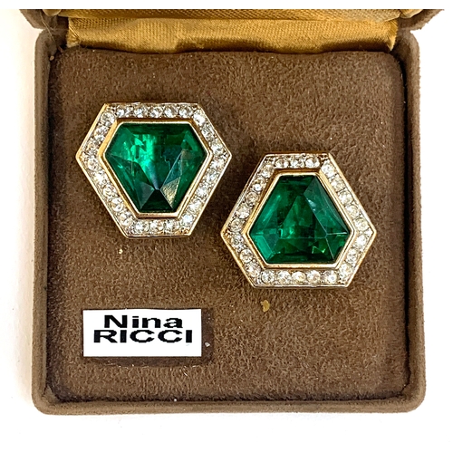 55 - A pair of Nina Ricci emerald paste clip on earrings, 2.2cmW, in original box