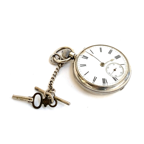 97 - A small Victorian open face silver fob watch, white enamel dial with Roman numerals and subsidiary s... 