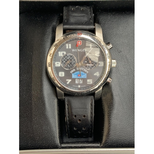 135 - A Wenger gents wristwatch, 50th Edition Rallye Alpes, on a black leather strap, in original box