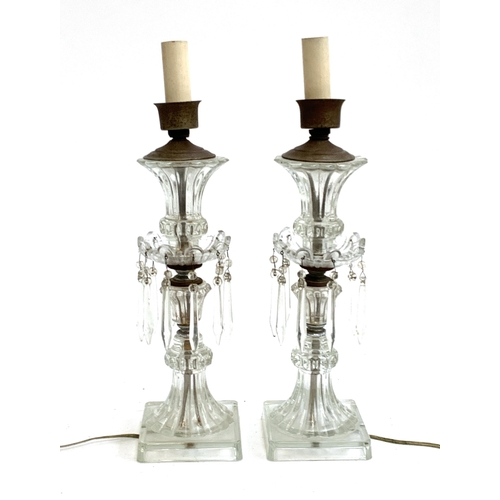 344 - A pair of glass hurricane lustre lamps, 45cmH to top of fitting, 62cmH to top of glass shade