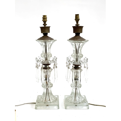 344 - A pair of glass hurricane lustre lamps, 45cmH to top of fitting, 62cmH to top of glass shade