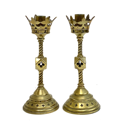 359 - A pair of 19th century Gothic revival brass candlesticks with spiral stems and quatrefoil cutouts, 2... 