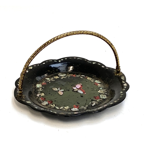 364 - A Victorian lacquered papier mache and mother of pearl swing handled basket, 22cmD