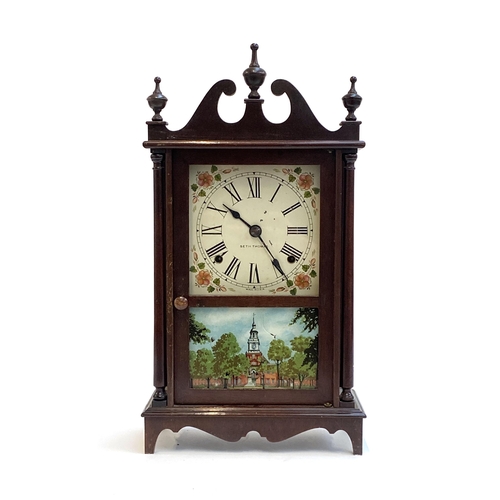 140 - An American mantel clock by Seth Thomas, the door glazed with a print of Independence Hall, Philadel... 