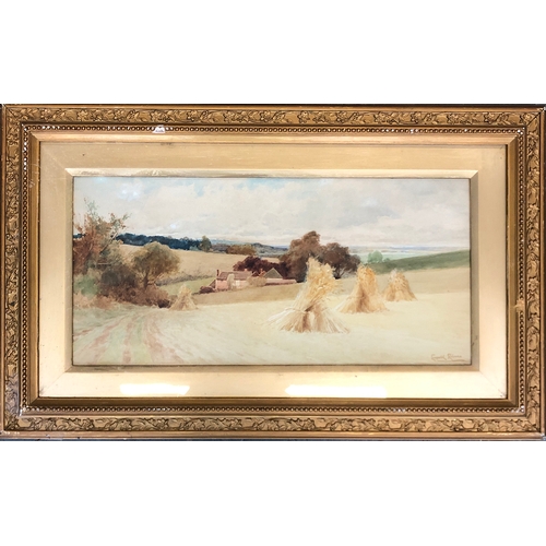 874 - Leopold Rivers (1850-1905), watercolour of hay stooks, signed lower right, 25x54cm