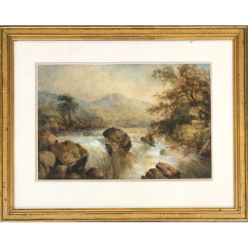 885 - Late 19th century watercolour of a waterfall, monogrammed E.M.W, dated '92, 36x56cm