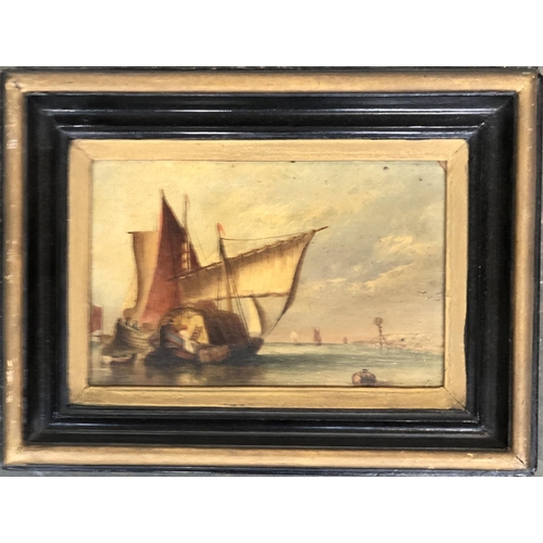 886 - A 19th century oil on board, sailing ships on a calm sea, 13.5x21cm