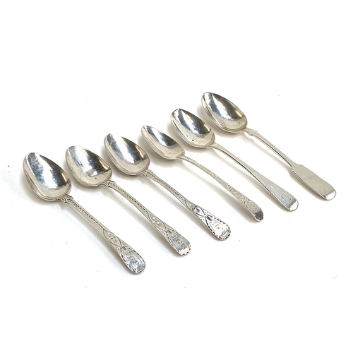 65 - Three Georgian silver bright cut Old English pattern teaspoons, the terminals monogrammed 'JGR'; a f... 