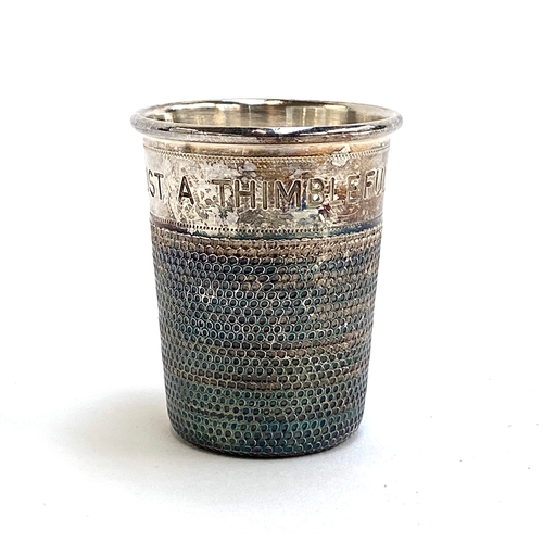 72 - A novelty silver thimble spirit measure by P H Vogel & Co, Birmingham 1962, , 'Just a Thumble Full',... 