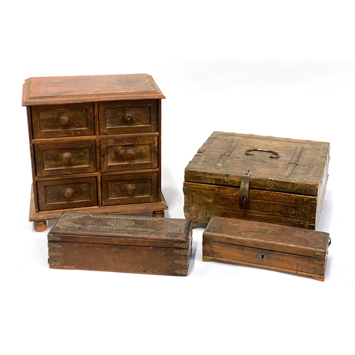 291 - Two Indian hardwood pen boxes; together with a six drawer specimen cabinet, 32cmH, and one other box... 