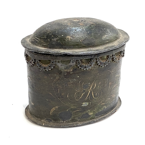 300 - A 19th century painted lead tobacco jar with applied swags and painted pipe detail, 14cmH