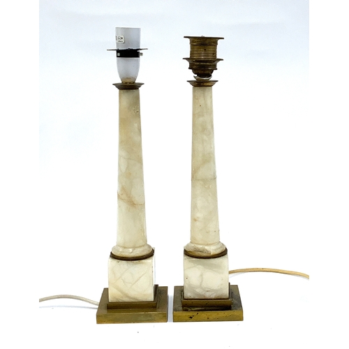 387 - A pair of marble table lamps (af), turned columns on stepped bases, 33cmH to base of fitting