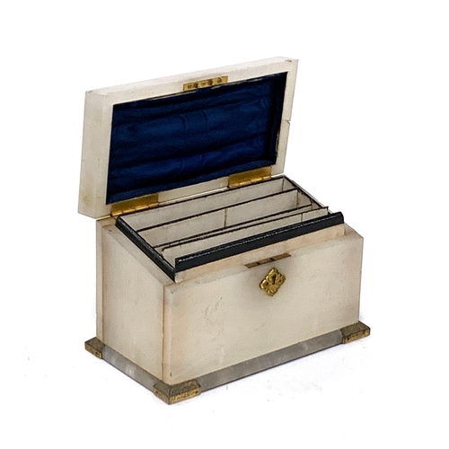 399 - An early 20th century onyx letter rack, blue watered silk interior, gilt metal hinges, 22cmW