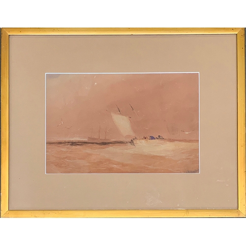 856 - Early 20th century watercolour on paper, boats at sea, signed indistinctly lower right, bears dedica... 