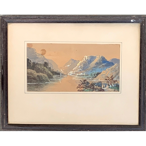 857 - 19th century gouache on paper, mountainous lake scene, 9x18cm