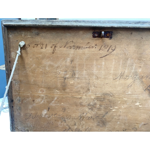 455 - An early 19th century painted pine casket, with key, inscribed '21st November 1819', 36x22x17cm