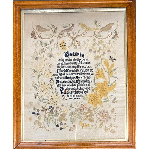 864 - A large 19th century needlework sampler, 'Consider the lilies' surrounded by birds, lilies and butte... 