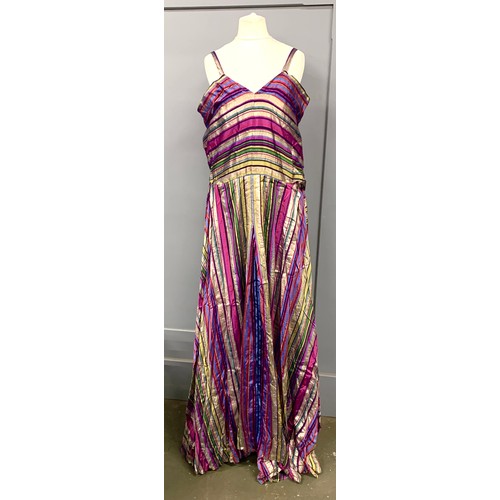 815 - A 1930s multicoloured satin and lame sleeveless dress with waist sash