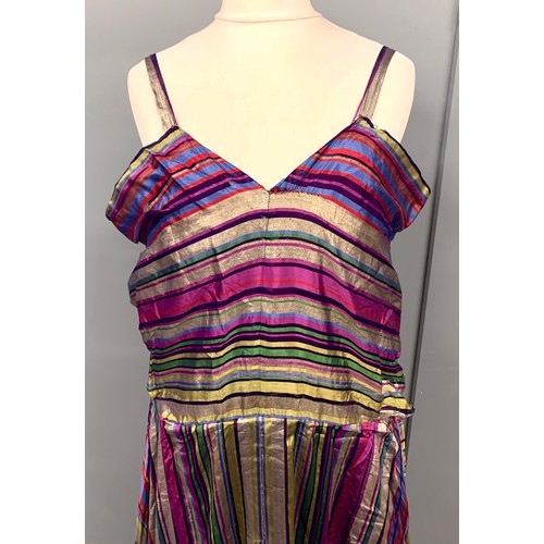 815 - A 1930s multicoloured satin and lame sleeveless dress with waist sash