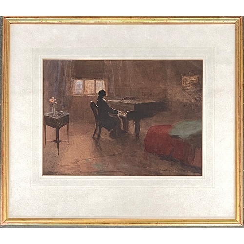 881 - Alfred Montegue Rivers, watercolour of a lady at a piano, signed lower right, 26x36cm